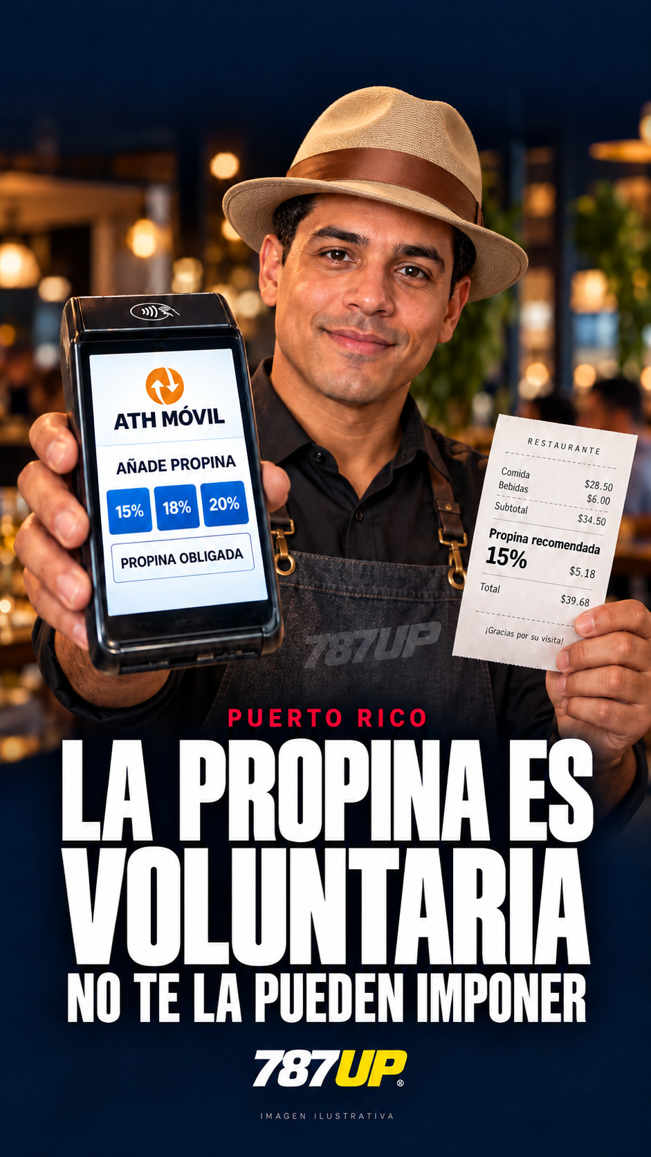 ¡LA PROPINA ES VOLUNTARIA Y LA LEY PROHÍBE CALCULARLA SOBRE EL IVU!